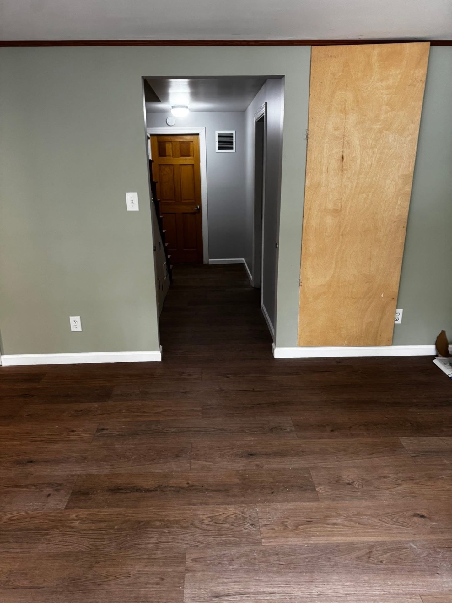 Living room with new dark vinyl plank flooring and painted walls